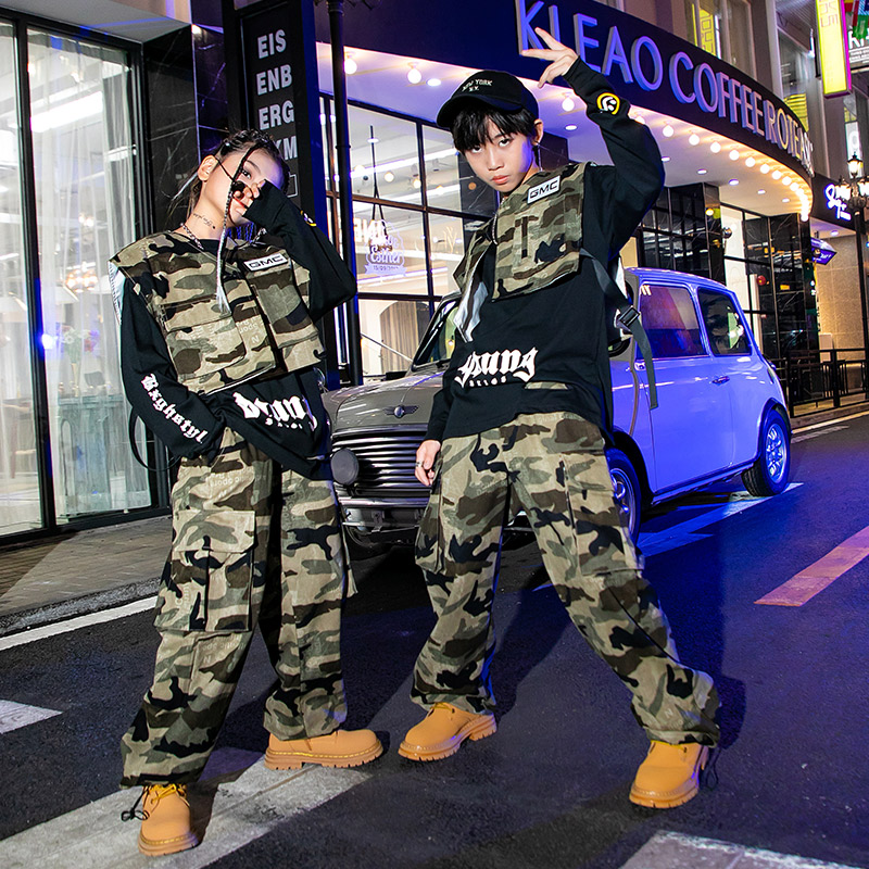 街舞儿童潮服迷彩马甲套装hiphop