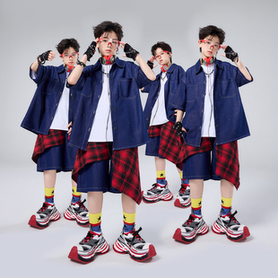 儿童街舞潮服演出服男童hiphop童装嘻哈女架子鼓深蓝亮片牛仔套装