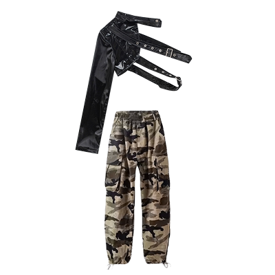 儿童爵士舞服装单袖皮衣迷彩裤