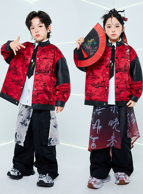 儿童街舞演出服爵士舞套装红色中国风皮衣男童潮服hiphop嘻哈女秋
