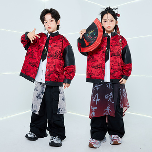 儿童街舞演出服爵士舞套装 红色中国风皮衣男童潮服hiphop嘻哈女秋