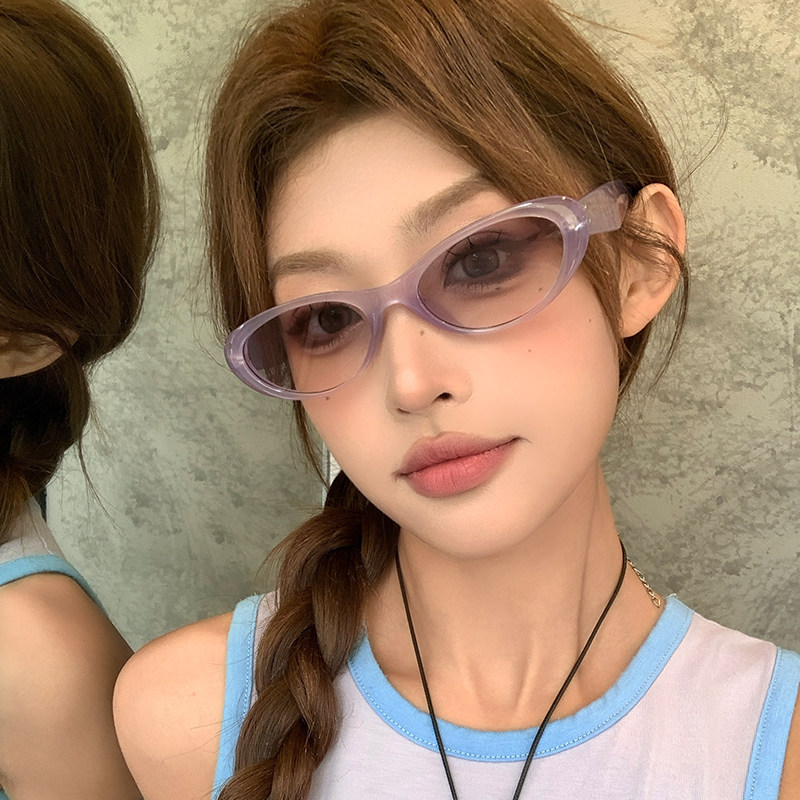 新款椭圆Y2K甜美猫眼墨镜女浅紫糖果色海边旅游拍照防晒太阳眼镜