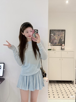 【现货】春夏款羊毛针织罩衫荡领修身上衣百褶裙裤套装女