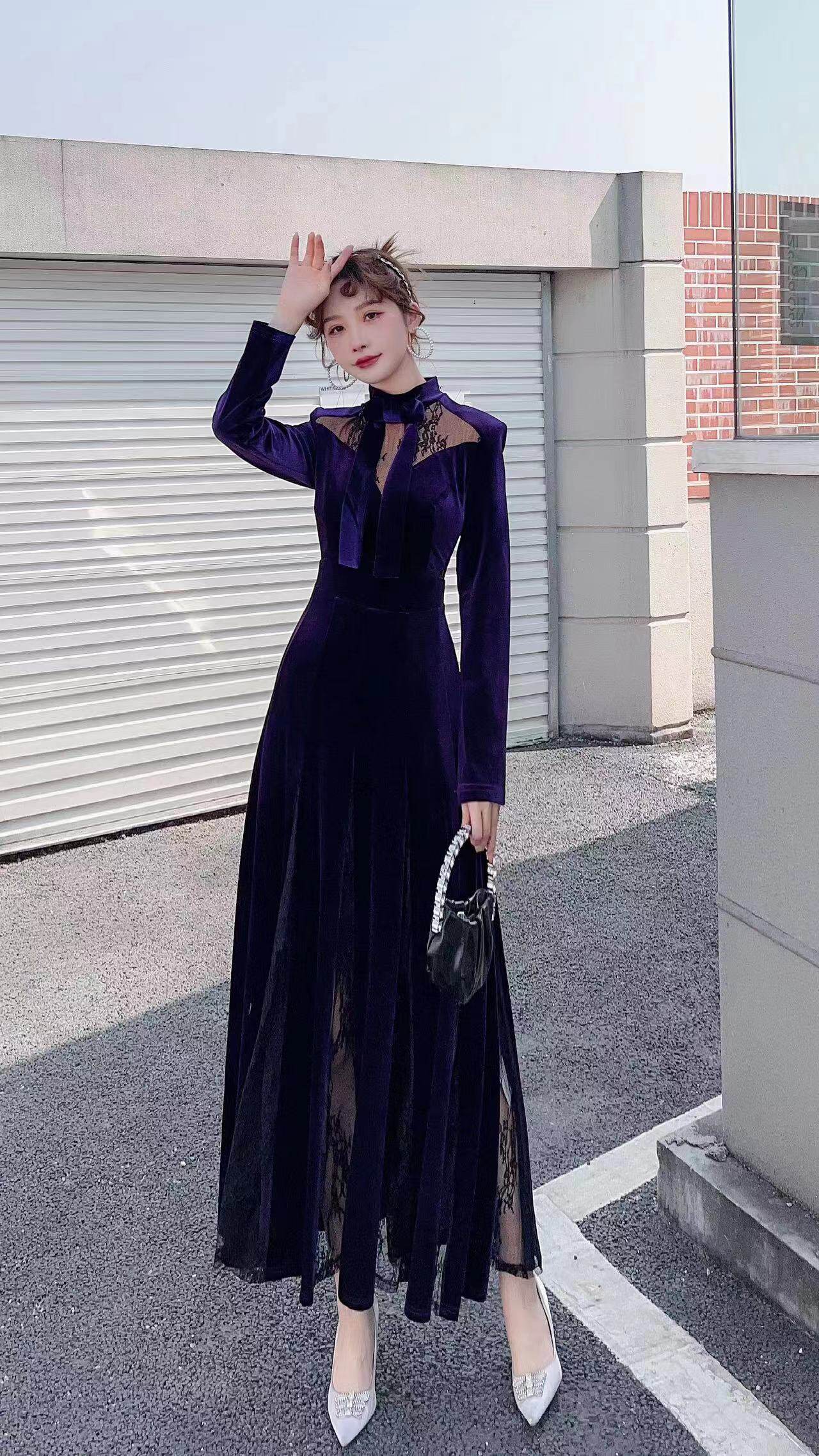 女装秋冬新款胖mm法式复古丝绒拼接蕾丝连衣裙显瘦长裙子61271