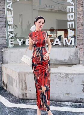 气质印花改良旗袍女士夏天连衣裙气质名媛新款减龄开叉长裙61109