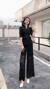 套装 显腿长直筒裤 女夏季 微透盘扣衬衫 61031 新款 精致感蕾丝阔腿裤