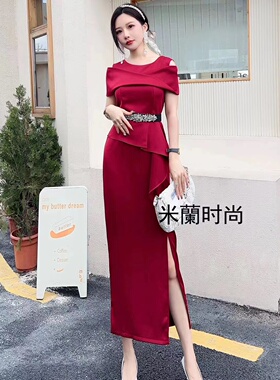高端名媛气质礼服裙露肩开叉高腰显瘦一步裙设计感连衣裙女61078