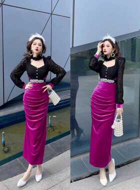 法式名媛灯笼袖拼接丝绒紫色包臀裙开叉修身连衣裙81915