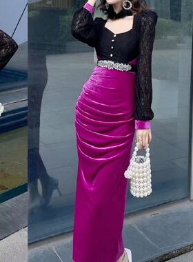 法式名媛灯笼袖拼接丝绒紫色包臀裙开叉修身连衣裙81915