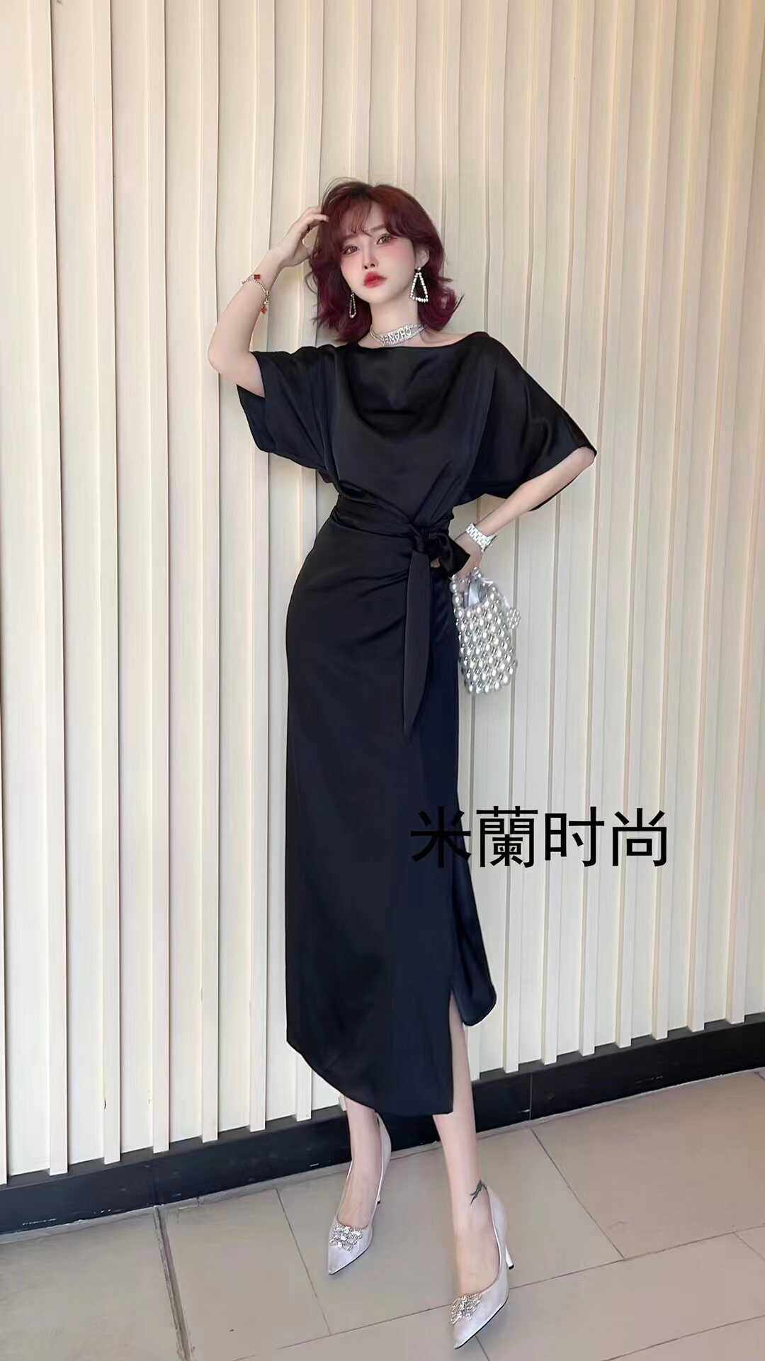 夏季新款气质优雅一字肩系带收腰显瘦开叉连衣裙女60723
