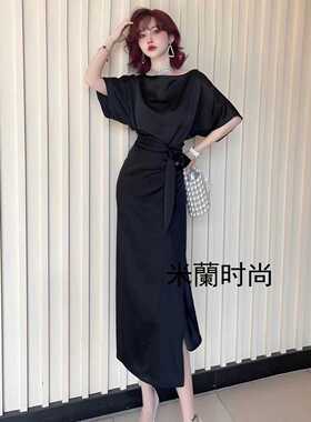 夏季新款气质优雅一字肩系带收腰显瘦开叉连衣裙女60723