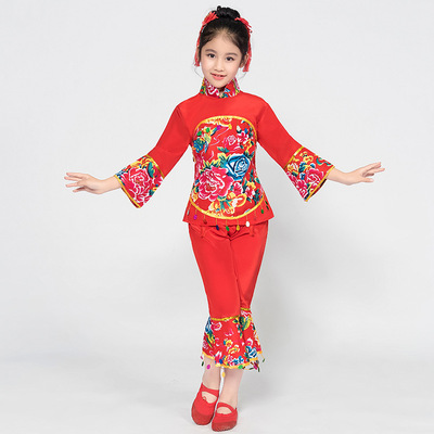 儿童秧歌服女童开门红喜庆表演服东北二人转手绢扇子舞蹈演出服装