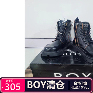 BOY LONDON马丁靴单层时尚圆头高筒黑色牛皮革马丁靴鞋子