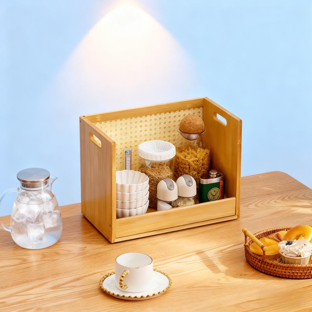 橱柜收纳架高颜值竹木餐边款杂粮调味料零食化妆品台面野餐展示盒