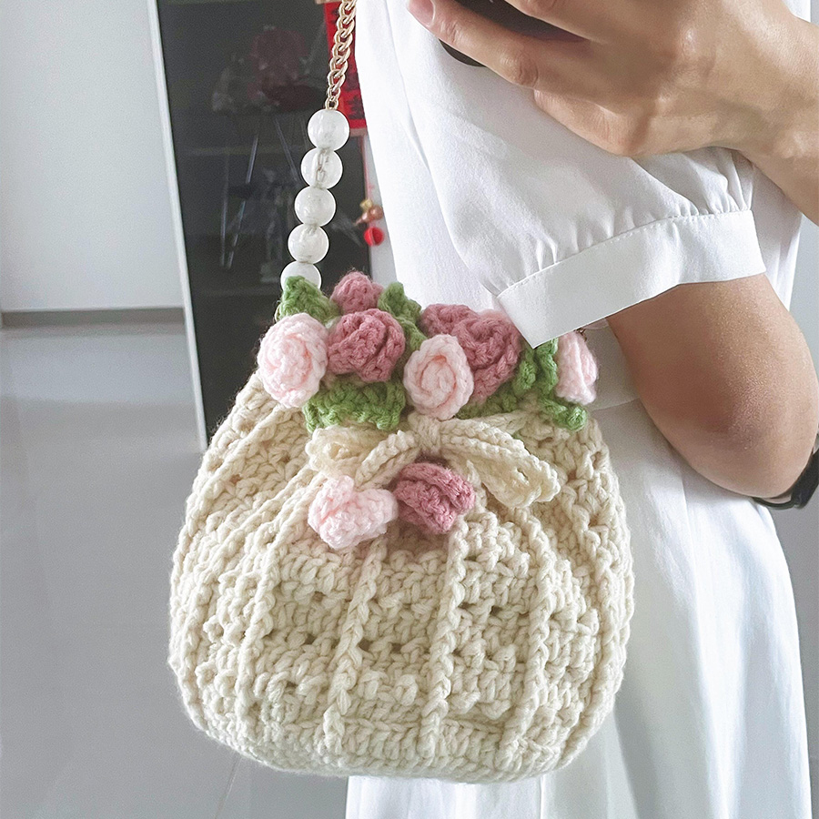 钩针编织玫瑰花包包手工diy礼物