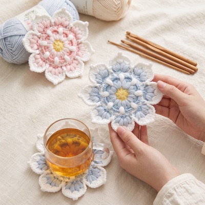 DIY毛线钩针莲花杯垫材料包