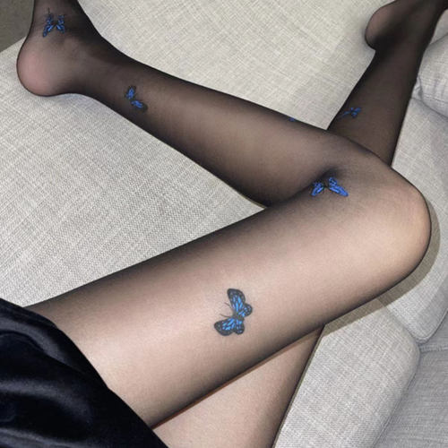 新款情绪纯欲风jk萝莉丝袜仙女蓝色蝴蝶印花黑丝薄款打底丝袜裤女
