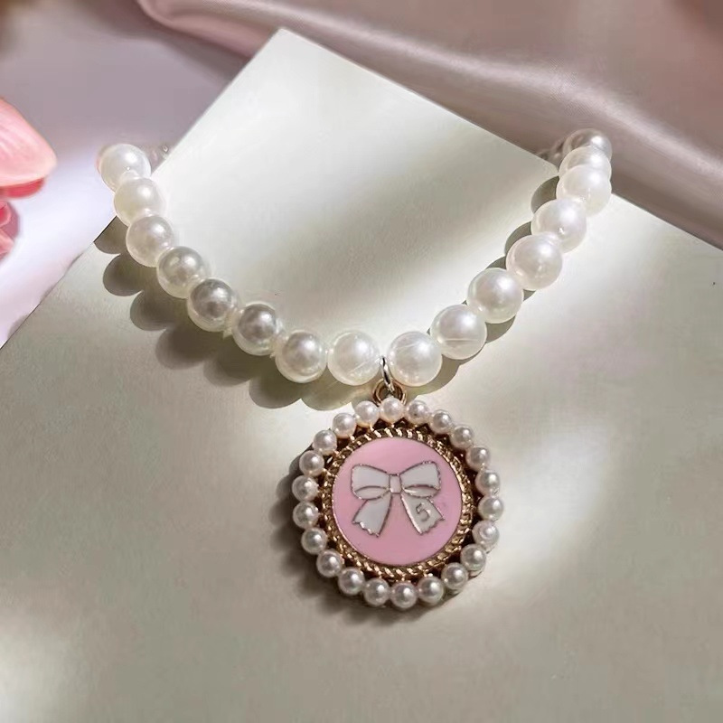 珍珠项链蝴蝶结字母牌粉色黑色猫咪狗狗项圈围脖可爱饰品宠物项链