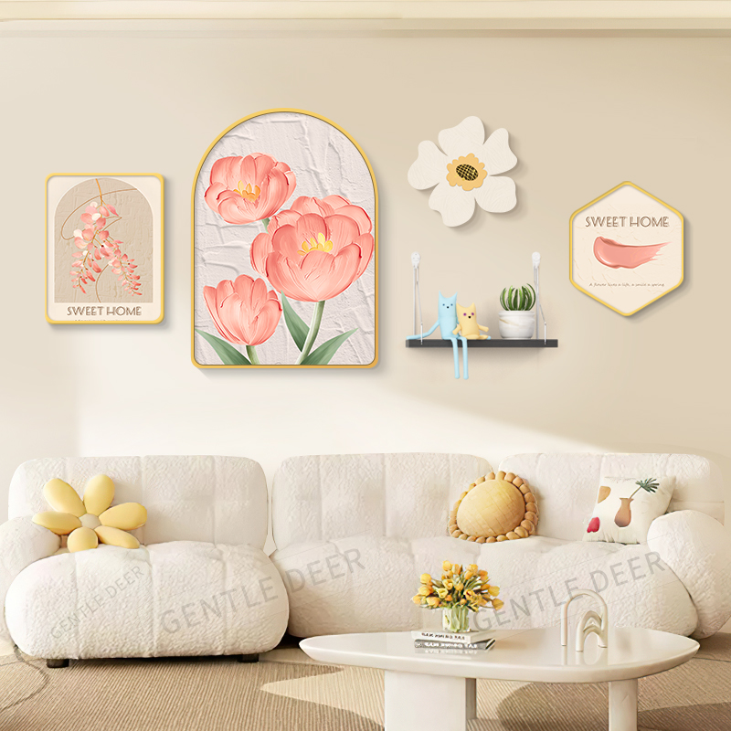 定做奶油客装饰画景肌风理感合花挂卉组风壁画北欧原木沙发背厅墙