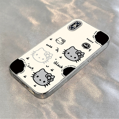 黑白凯蒂猫适用苹果X手机壳iphone可爱Apple卡通KT猫Xs苹果XR电镀软壳Xsmax男女情侣新款创意全包边防摔超薄