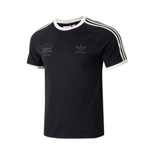 adidas originals 撞色侧印花条纹透气短袖T恤 男款 黑色IS1413