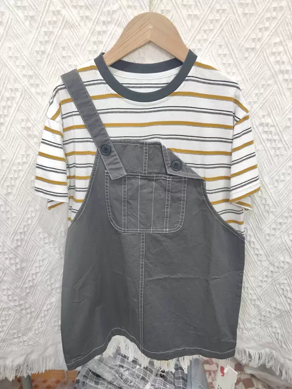 田果果品牌童装夏季韩版女大童棉学院风假两件背带裙连衣裙百搭