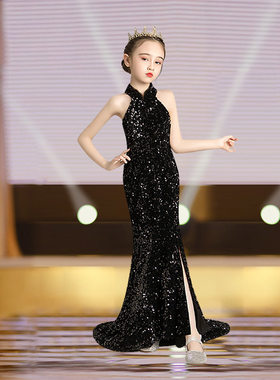儿童礼服2023欧美新款鱼尾亮片小主持人模特走秀公主裙女童演出服