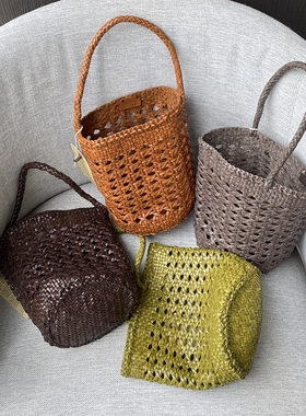 Dragon Diffusion8857小众法式度假风手工牛皮编织百搭手提水桶包