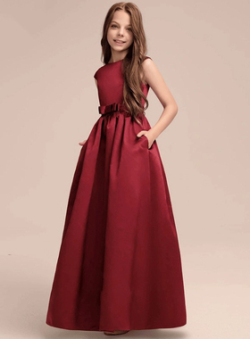 大童女童晚礼服花童礼服红色主持人钢琴演奏公主裙学生乐团演出