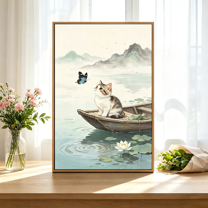 国风蝴蝶猫咪diy数字油画手工手绘填色房间客厅家居墙壁装饰画