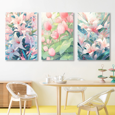 三联郁金香百合植物花卉风景树叶花朵diy数字油画客厅背景装饰画图片