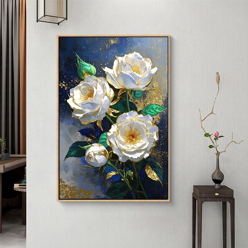 现代轻奢风格山茶花diy数字油画填色手工手绘玄关客厅花卉装饰画