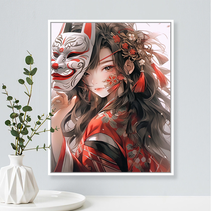 卡通人物面具女孩diy数字油画填色减压涂鸦手工手绘儿童房装饰画