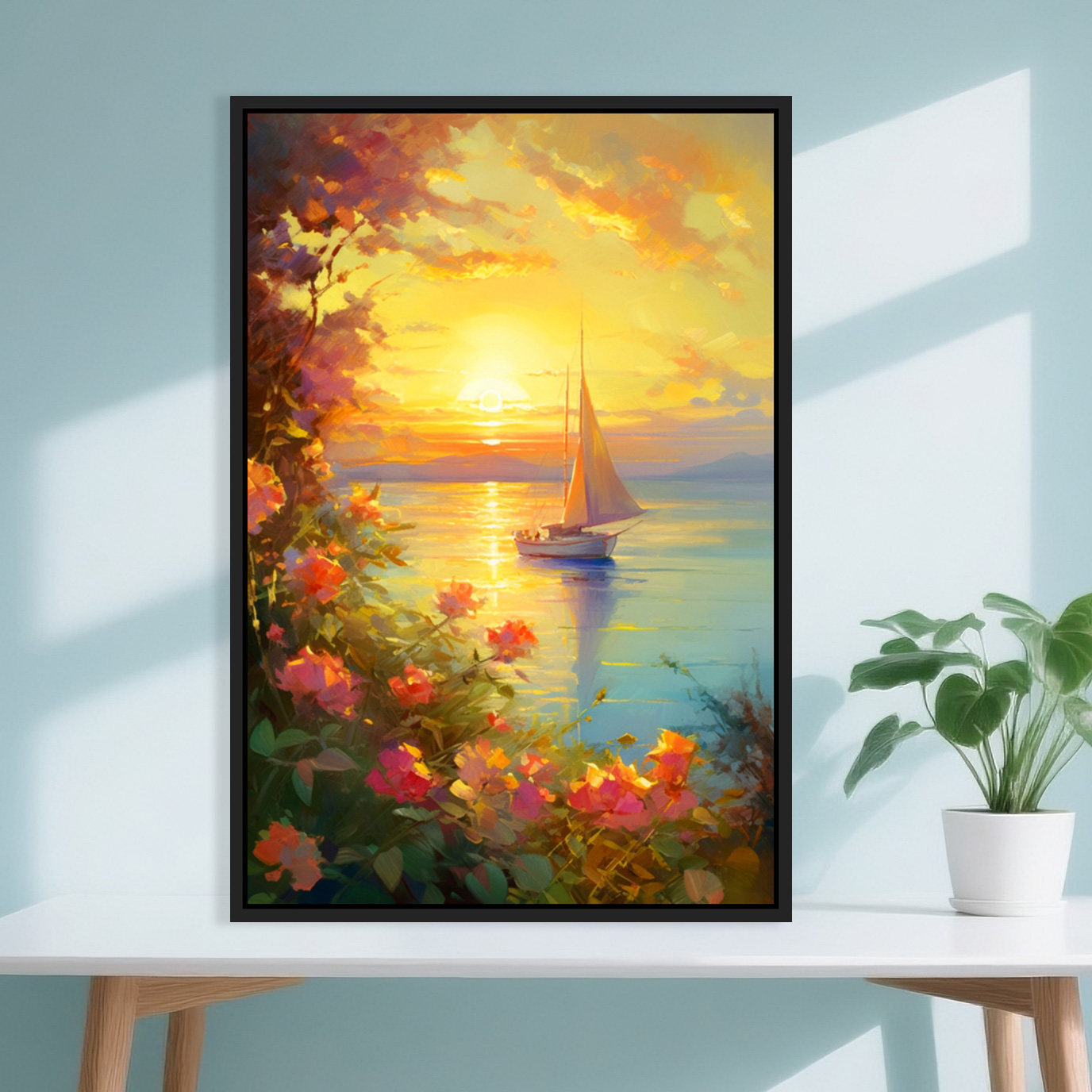 唯美海边金色夕阳治愈风景diy数字油画手绘填色玄关家居装饰画