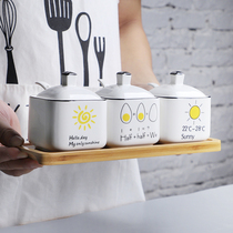 Thai nostalgia ceramic seasoning pot Nordic kitchen bamboo tray combination set household salt sugar seasoning spoon with cover 648