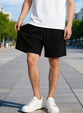 2026夏季新款男装休闲百搭格纹华夫格五分裤宽松运动松紧腰短裤