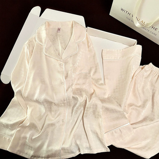 真丝睡衣女桑蚕丝千格鸟小猫咪春秋夏长袖长裤轻奢亲肤家居服套装