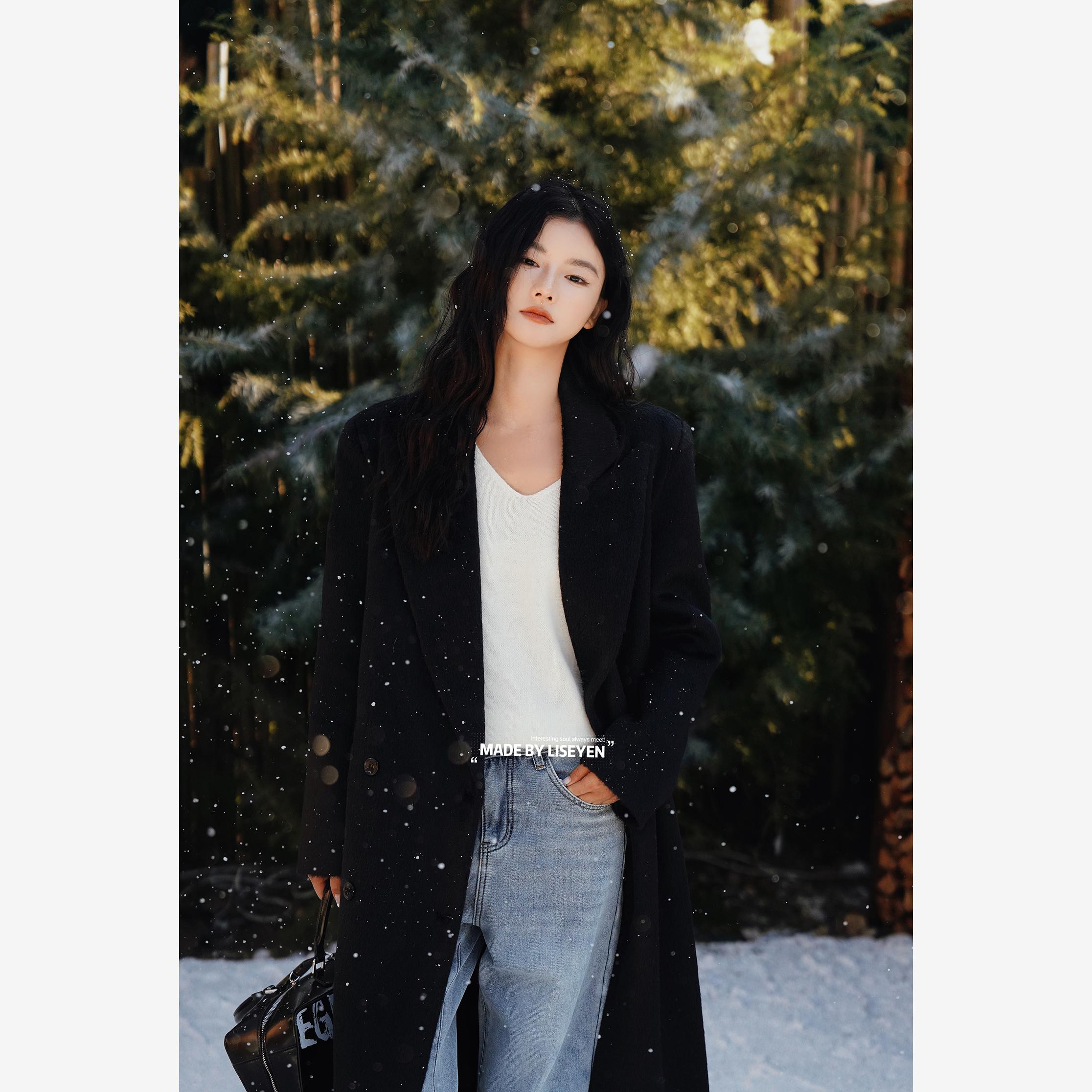 LISEYEN2024年秋冬新款女设计感小众黑色超长大衣 长绒版