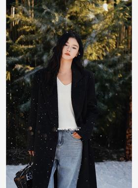 LISEYEN2024年秋冬新款女设计感小众黑色超长大衣 长绒版