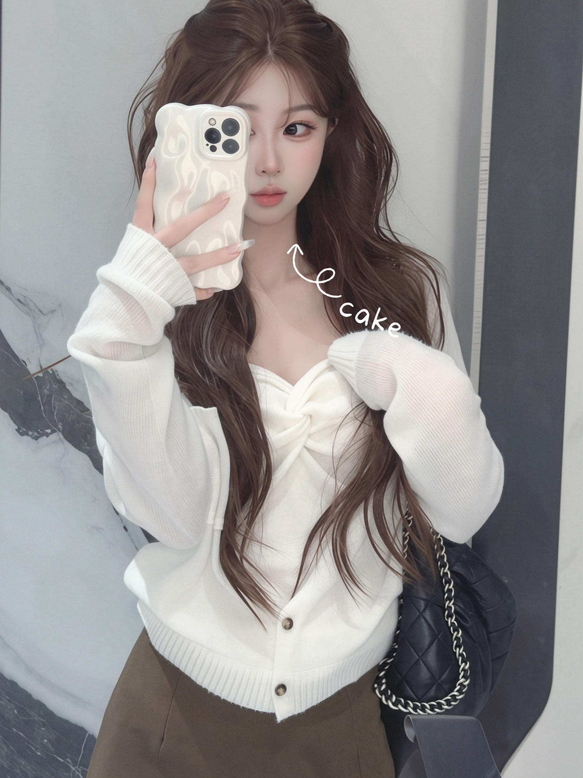 LISEYEN设计师原创 白色茉莉长毛绒感针织开衫女秋设计感上衣外套