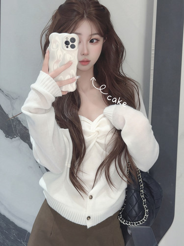 LISEYEN设计师原创 白色茉莉长毛绒感针织开衫女秋设计感上衣外套