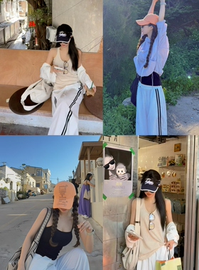 Liseyen设计师款 chao薄款双杠休闲运动裤女宽松直筒条纹白色裤子