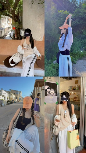 Liseyen女薄款裤子双杠休闲运动裤女宽松直筒条纹白色