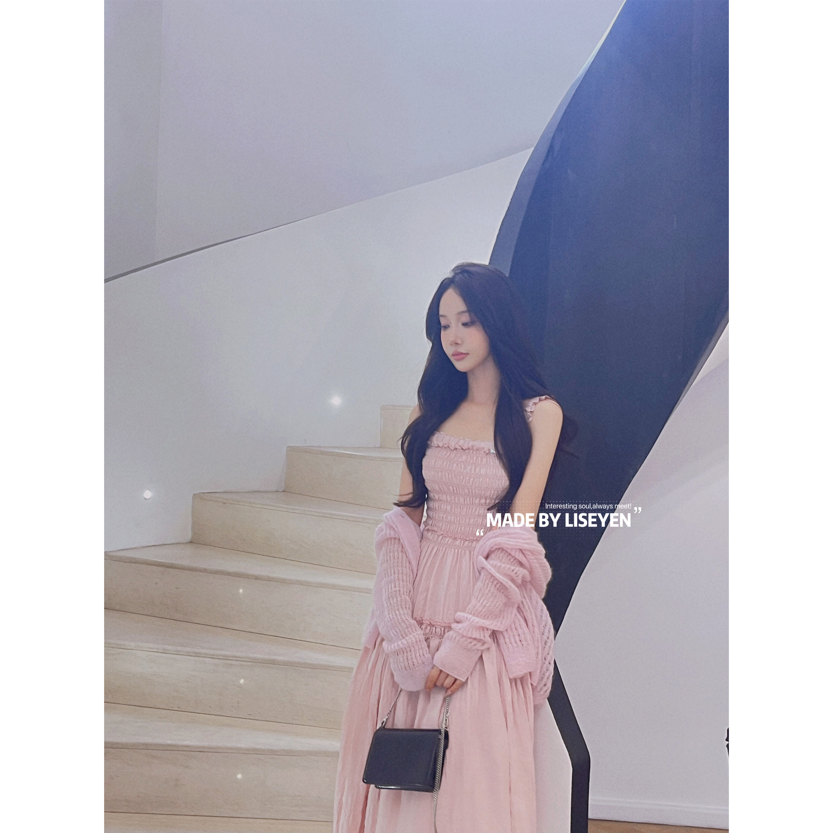 LISEYEN设计师原创 藕粉色特殊工艺打揽裙