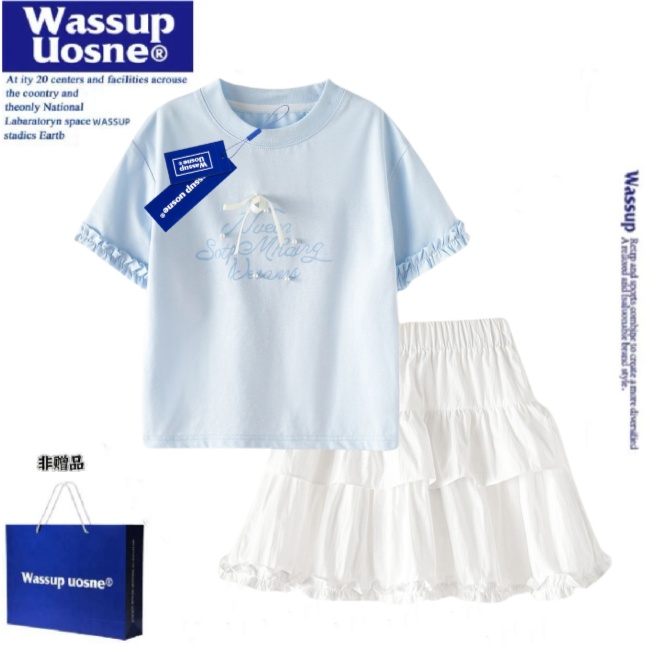 WASSUP女童2025夏季童装套装裙子时髦钉珠短袖T恤蛋糕裙两件套潮