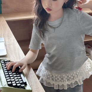 WASSUP女童甜美蕾丝拼接短袖T恤纯棉夏季时髦圆领花边收腰上衣潮