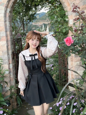 茄茄西米原创甜桃少女秋季小个子甜美千金风粉色波点衬衣背带裙
