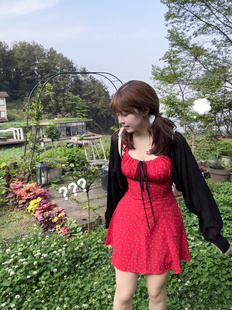 小个子女生韩系甜美可爱性感纯欲修身 茄茄西米夏季 波点吊带裙短