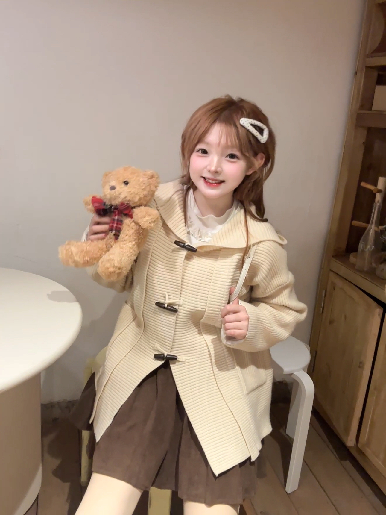 茄茄西米原创[暖暖小喵]浅米色加厚宽松毛衣外套甜美纯欲休闲风秋