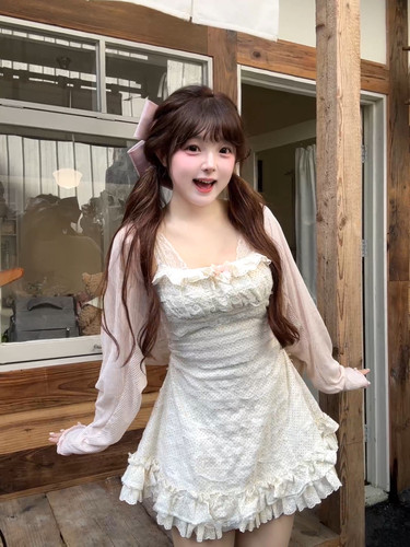 茄茄西米原创[奶油莓莓]粉色波点千层蕾丝吊带裙甜美温柔纯欲风夏